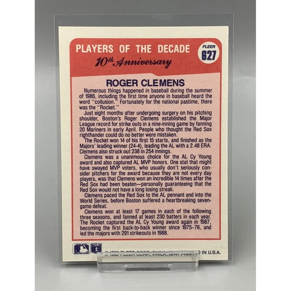 1990 FLEER ROGER CLEMENS 10th Anniversary Players of the Decade BaseballCard 627